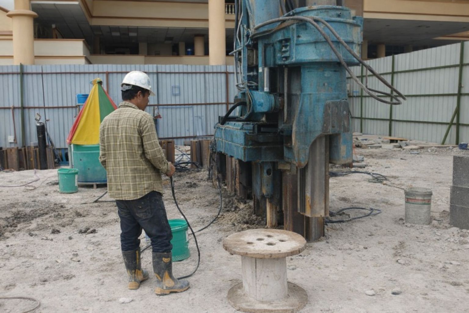 En arbeider på en byggeplass betjener en stor blå boremaskin for betongarbeid.
